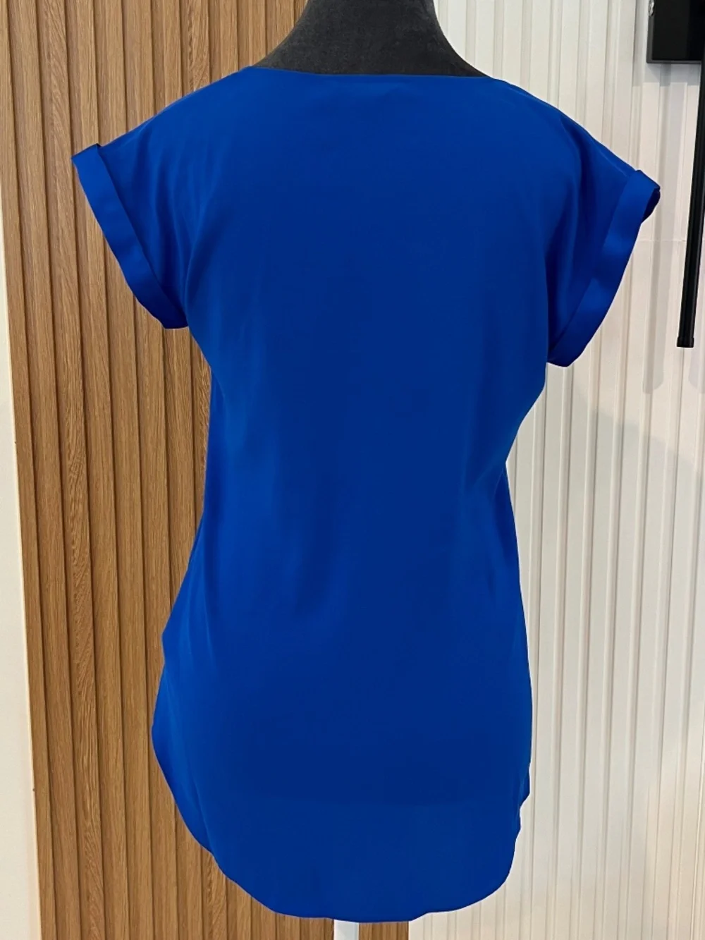 Express Royal Blue Zip Front Blouse XS | Flowy V-Neck Work Top Minimal Chic